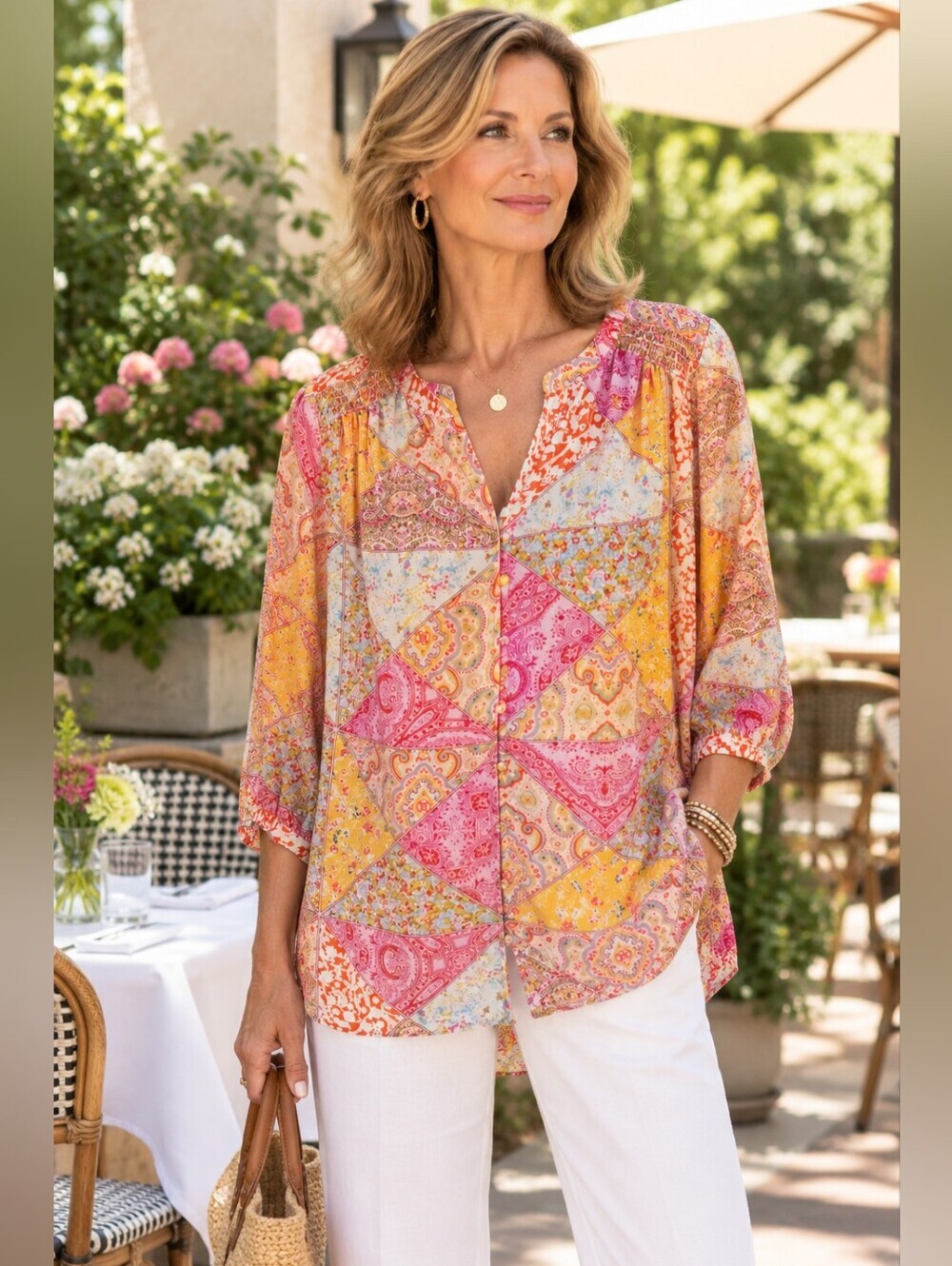 Rose & Olive Pink Yellow Patchwork Paisley Tunic Blouse Smocked Back Lightweight